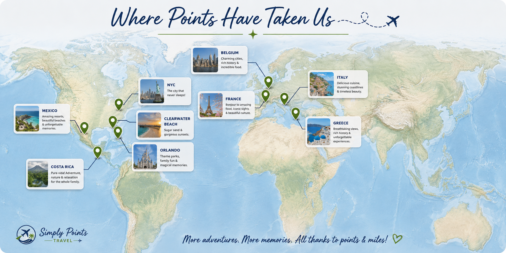 Map showing destinations traveled to using points and miles