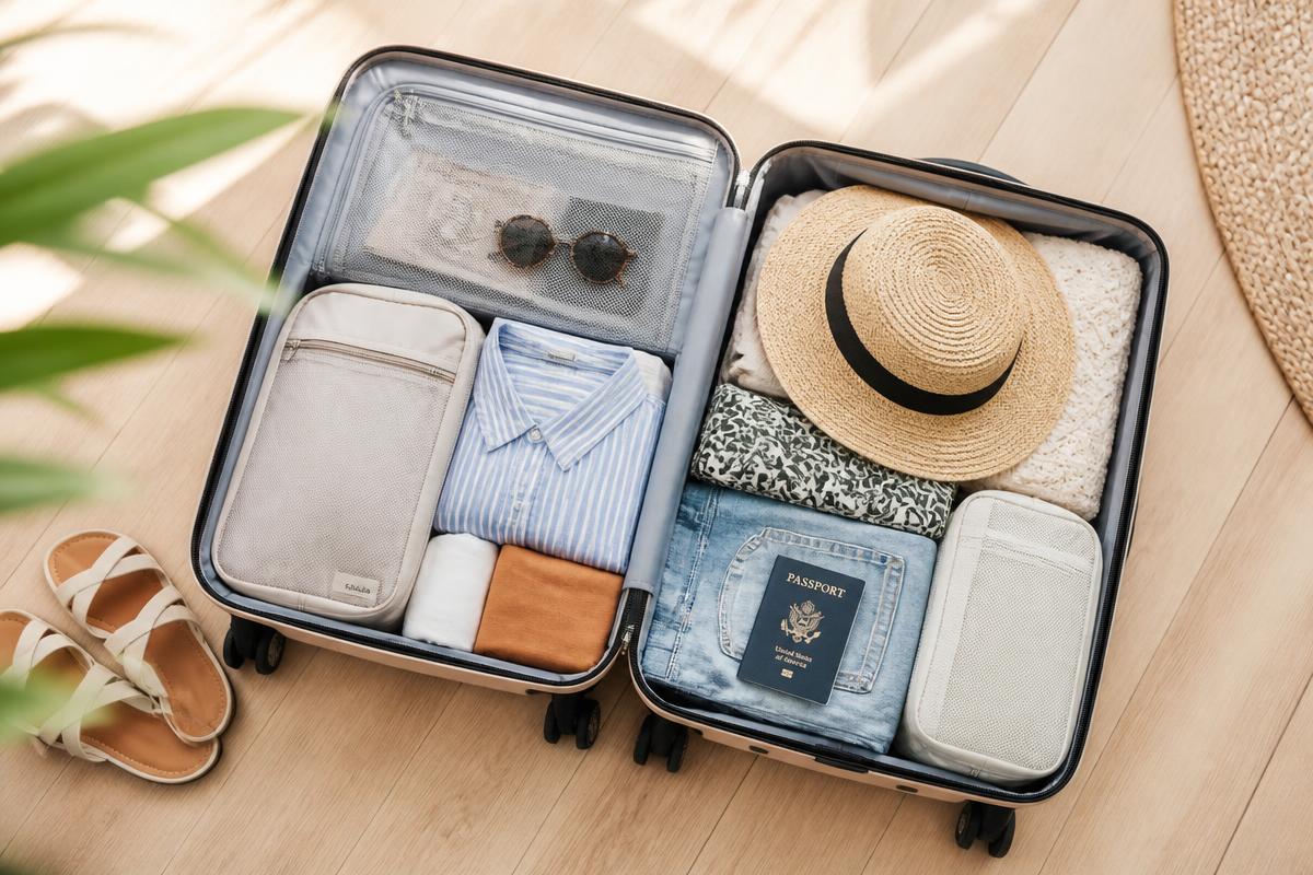 Carry-on suitcase packed for international travel